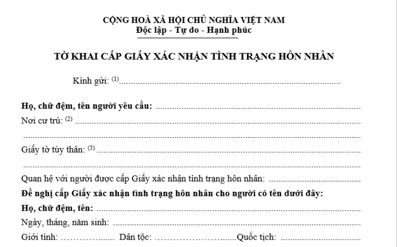 tờ khai xác nhận tình trạng hôn nhân theo mẫu quy định