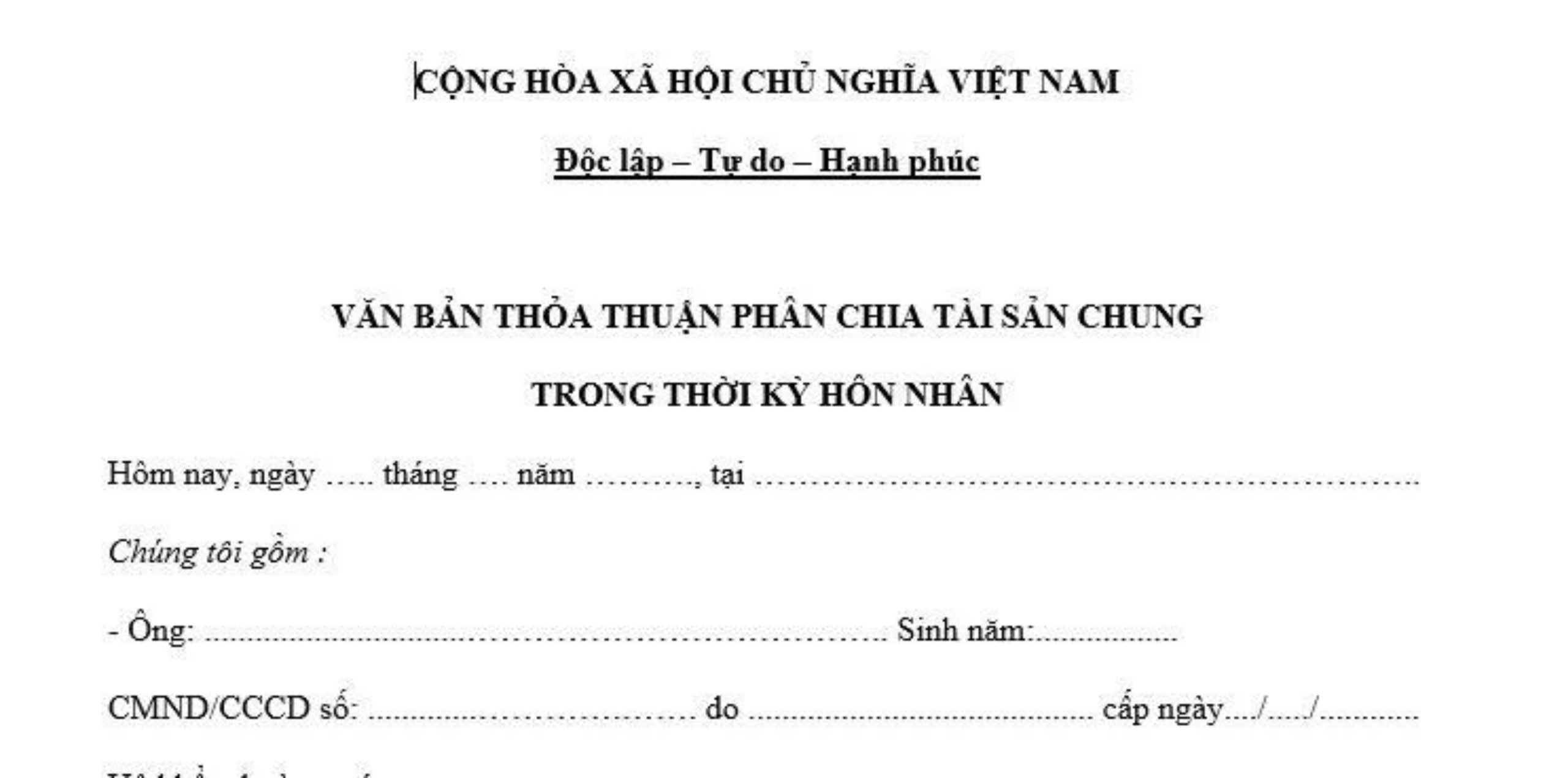 Tài sản trước hôn nhân 7 mẫu thoả thuận phân chia tài sản