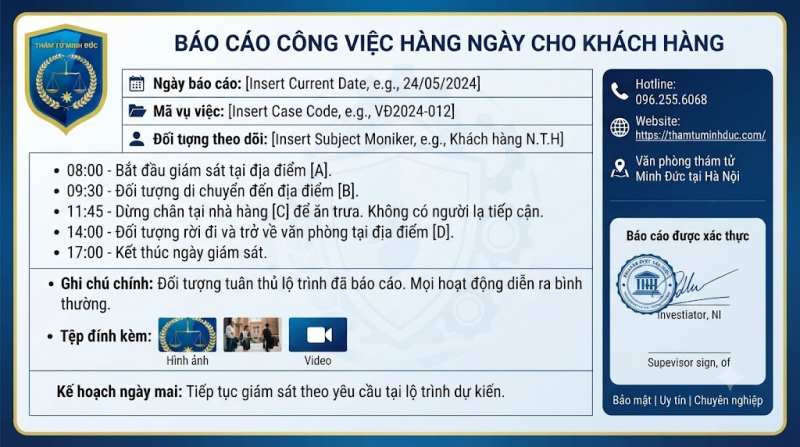 Dịch vụ thám tử Hà Nội 40 báo cáo công việc hàng ngày cho khách