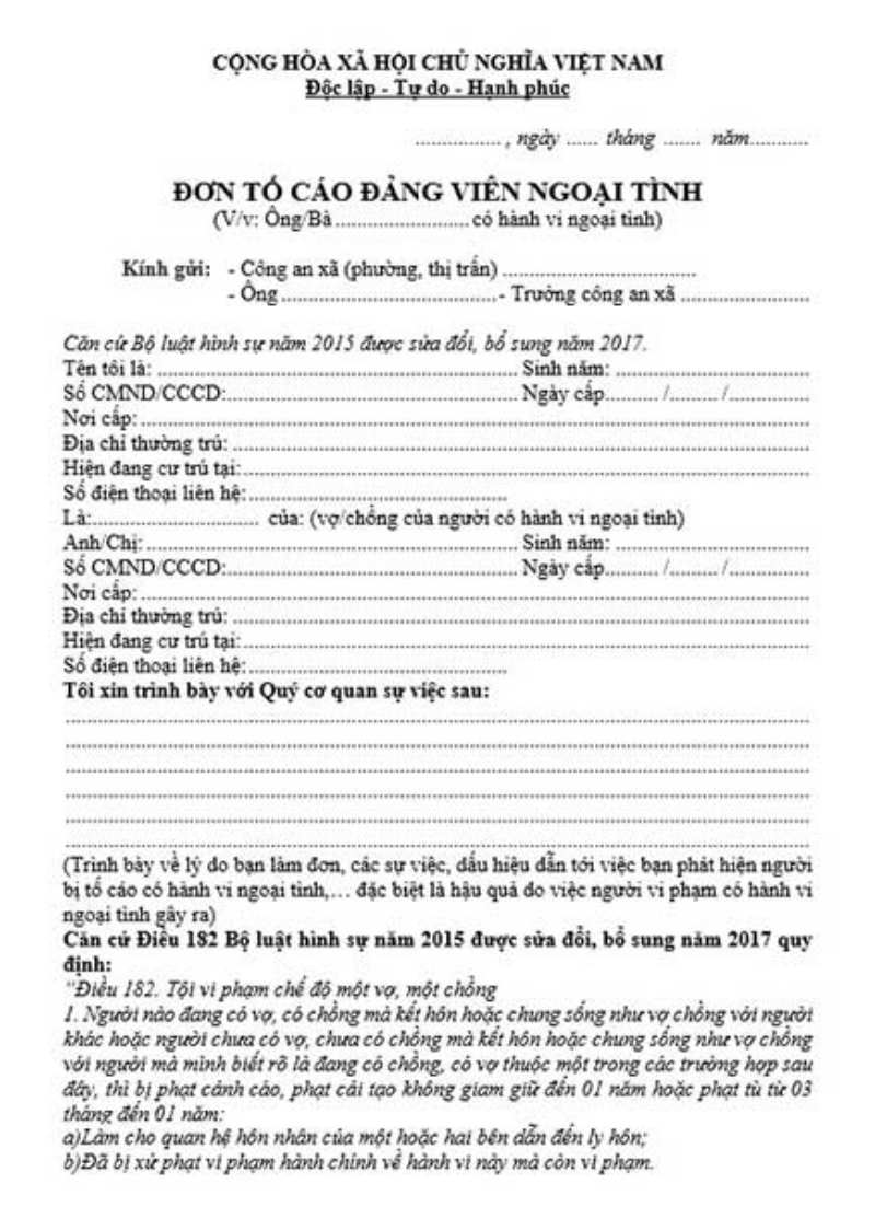 đơn tố cáo đảng viên ngoại tình