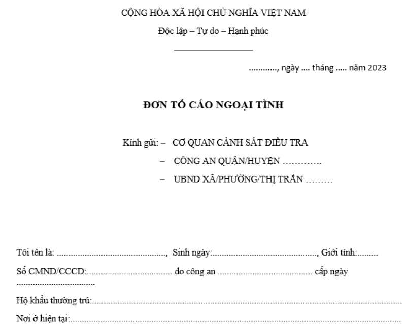 đơn tố cáo vợ / chồng ngoại tình